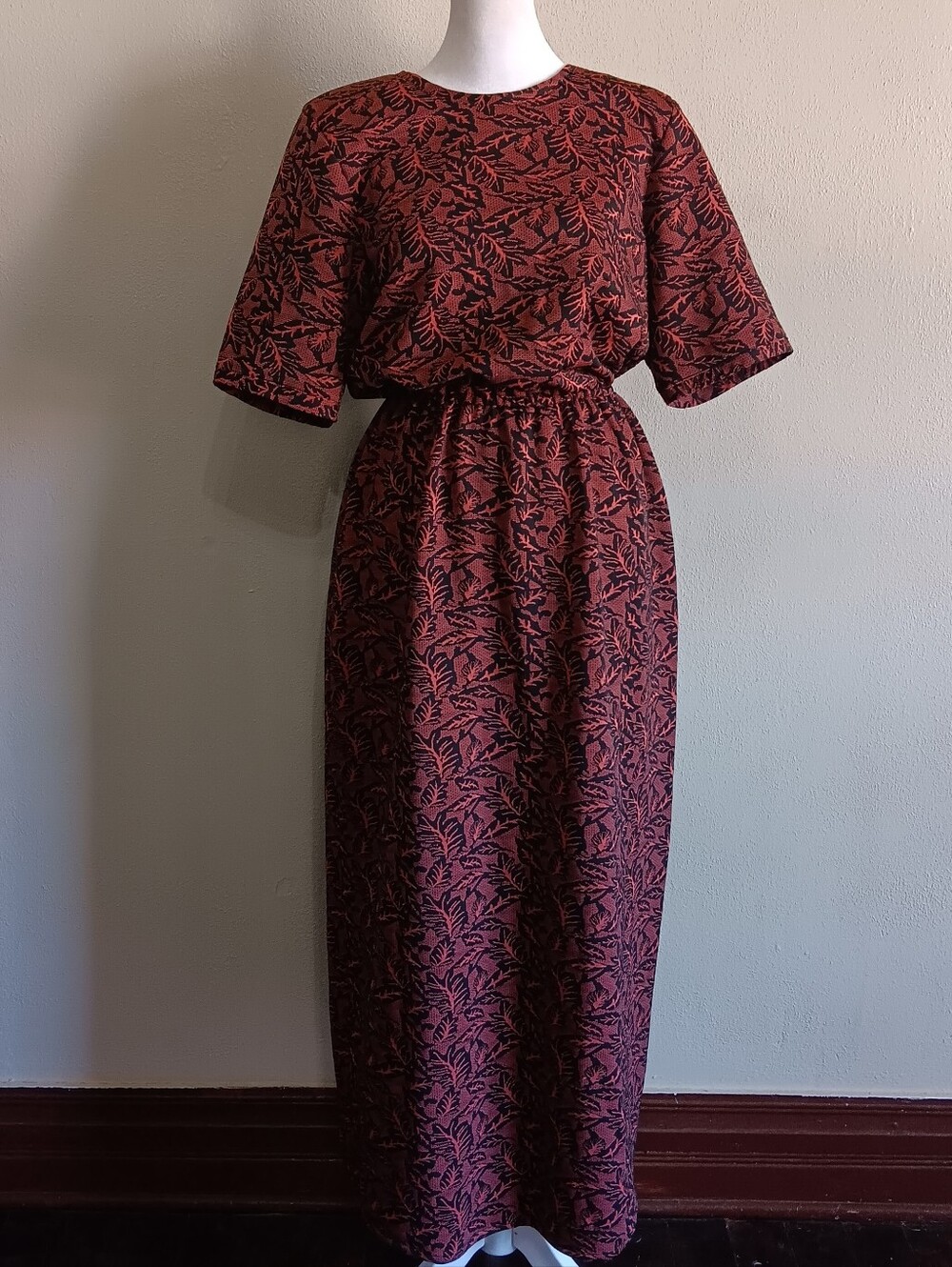 Handmade Vintage Whimsigoth Vampire Maxi Dress, Salmon & Black Leaf Print, L-XL